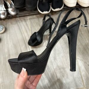 GUESS Black Satin High Heel Platform Sandals